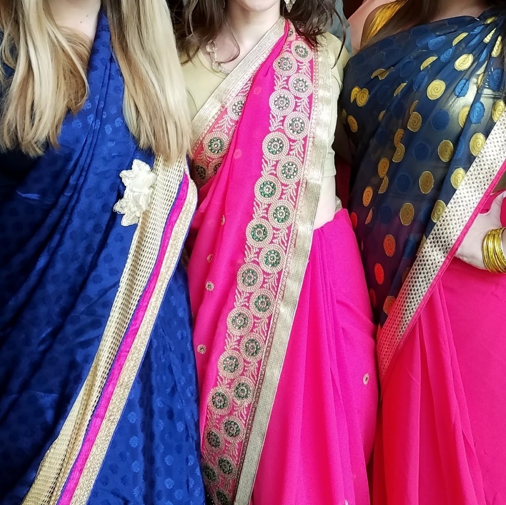 Hot Pink and Gold Sari with gold crop top